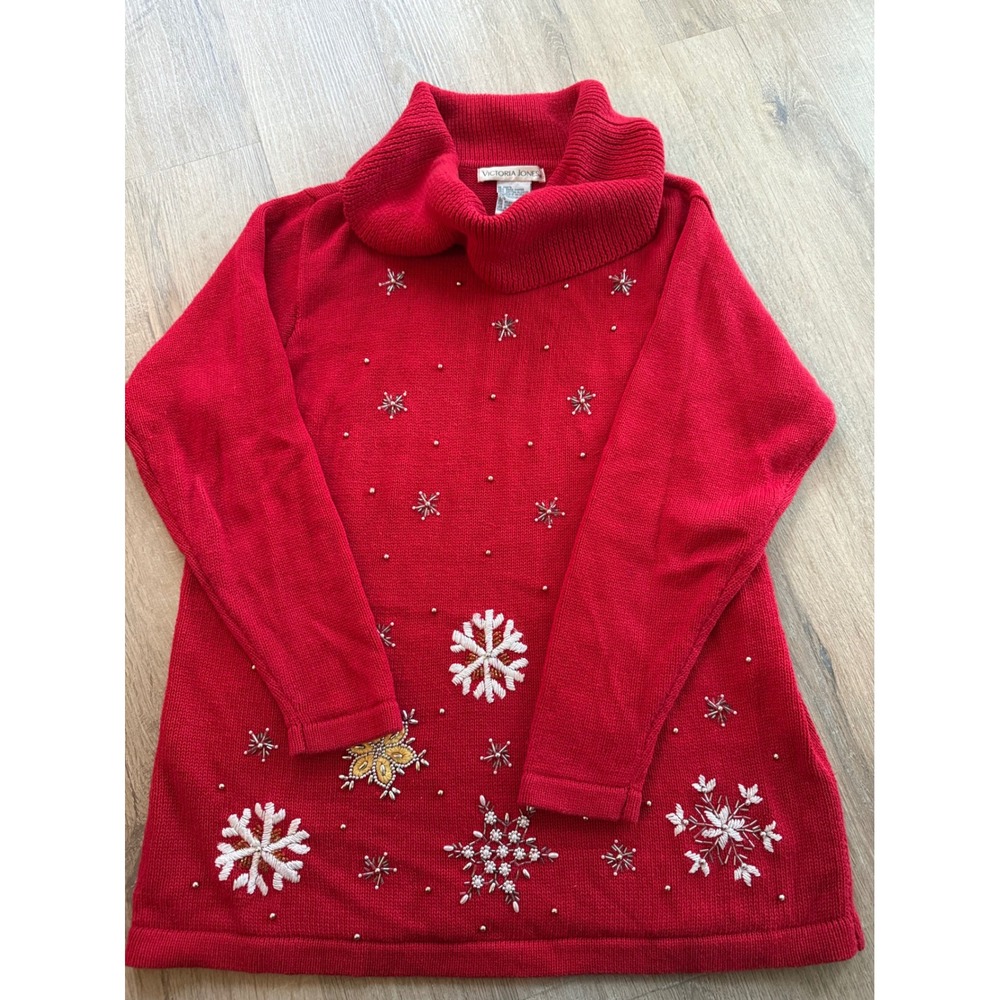 Victoria Jones Red Snowflake Beaded Embroidered Turtleneck Sweater Womens Large